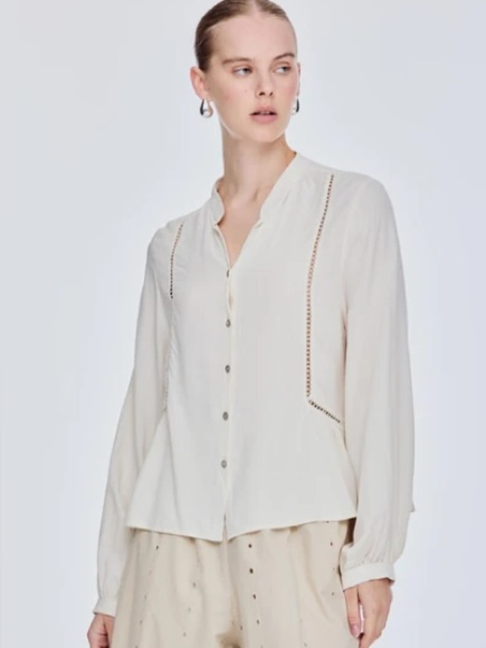 Zara Cream Button-Down Crochet Trim Blouse